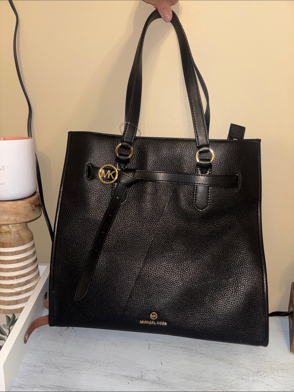 Michael Kors Black Pebbled Leather Tote with Gold MK Accent